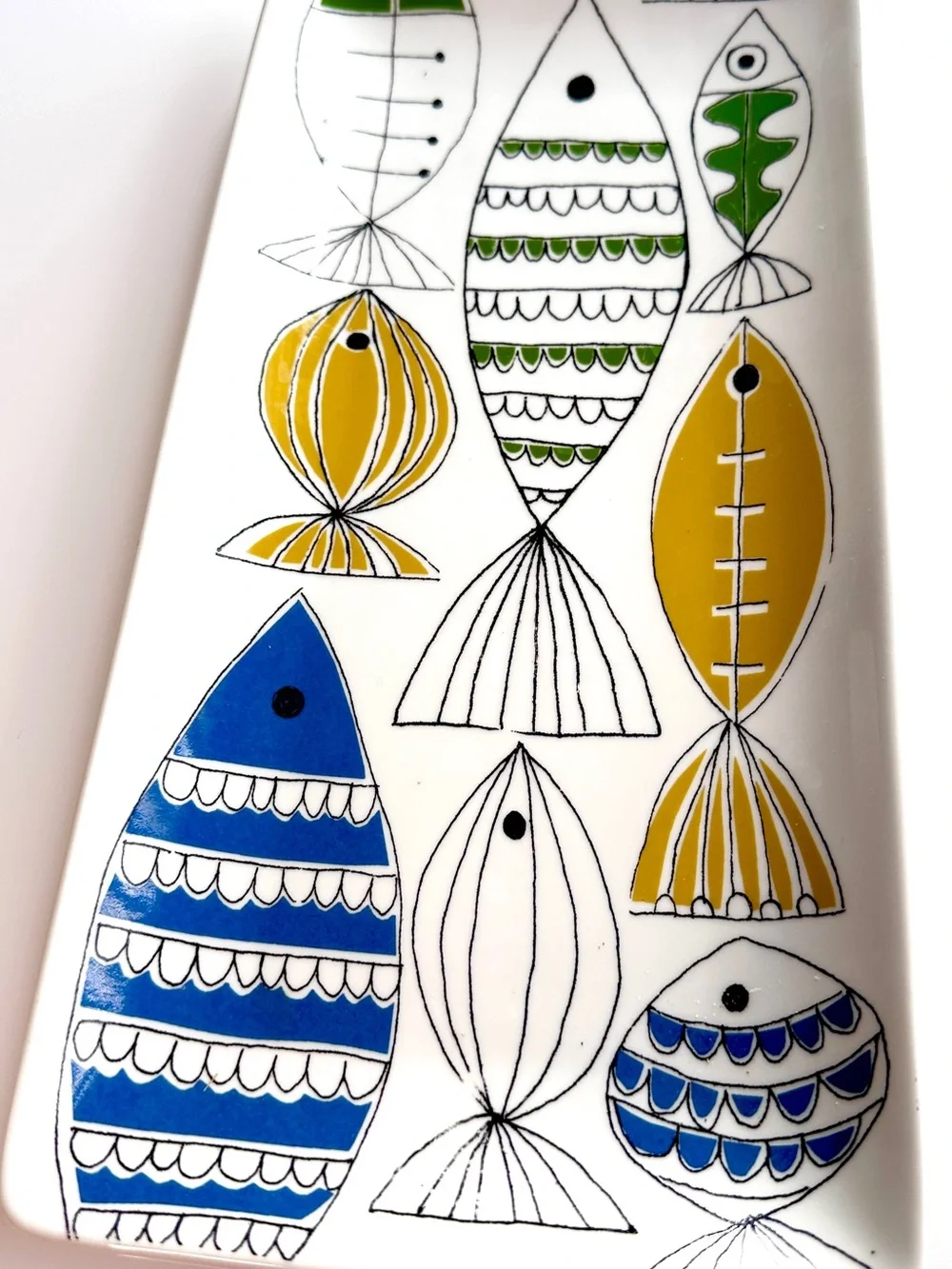 West Elm Fiona Howard Lino-Print Fish Motif Ceramic Tray in Blue, Yellow, Green